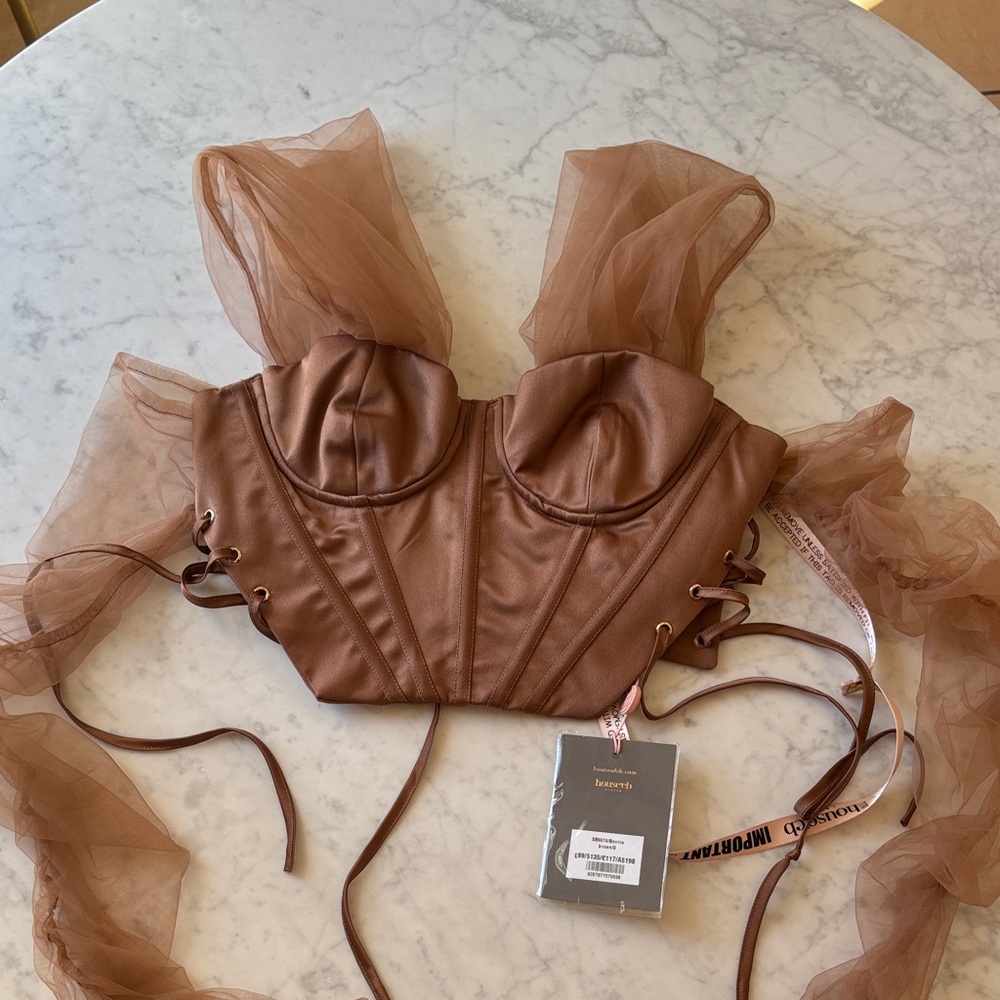 House of CB “Bonnie” Brown Satin Corset Crop Top with Sheer Ruffle Sleeves small
